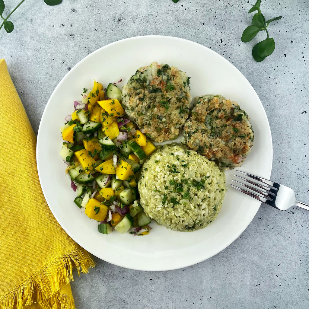 Caribbean Shrimp Cakes with Mango Salsa and Guacamole Rice Paleo On The Go Meal Delivery Service AIP Friendly Meals