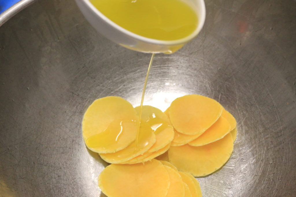 drizzle squash chips with olive oil before baking