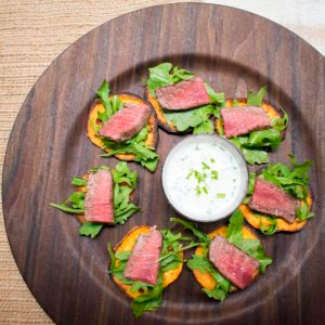 AIP Sliced Beef Tenderloin with Horseradish Cream on Sweet Potato Chip