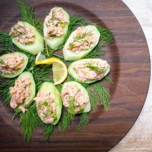 AIP Poached Lemon Dill Salad over Cucumber Rounds