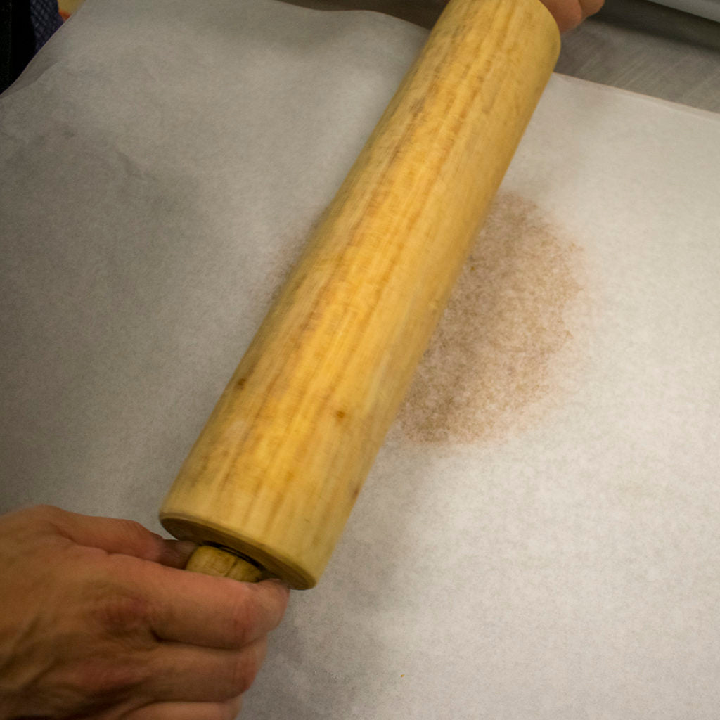 Put dough between layers of parchment paper to 1/4 inch thick.
