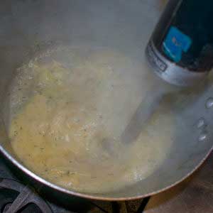 Using an immersion blender puree soup until smooth
