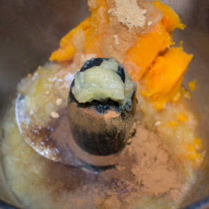 Place squash halves and pot's contents (apples, water and spices) into blender or processor