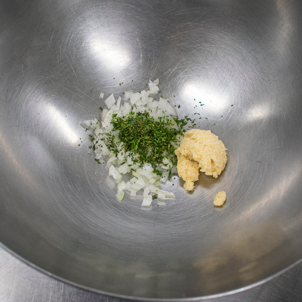 add onion, thyme and horseradish to a mixing bowl