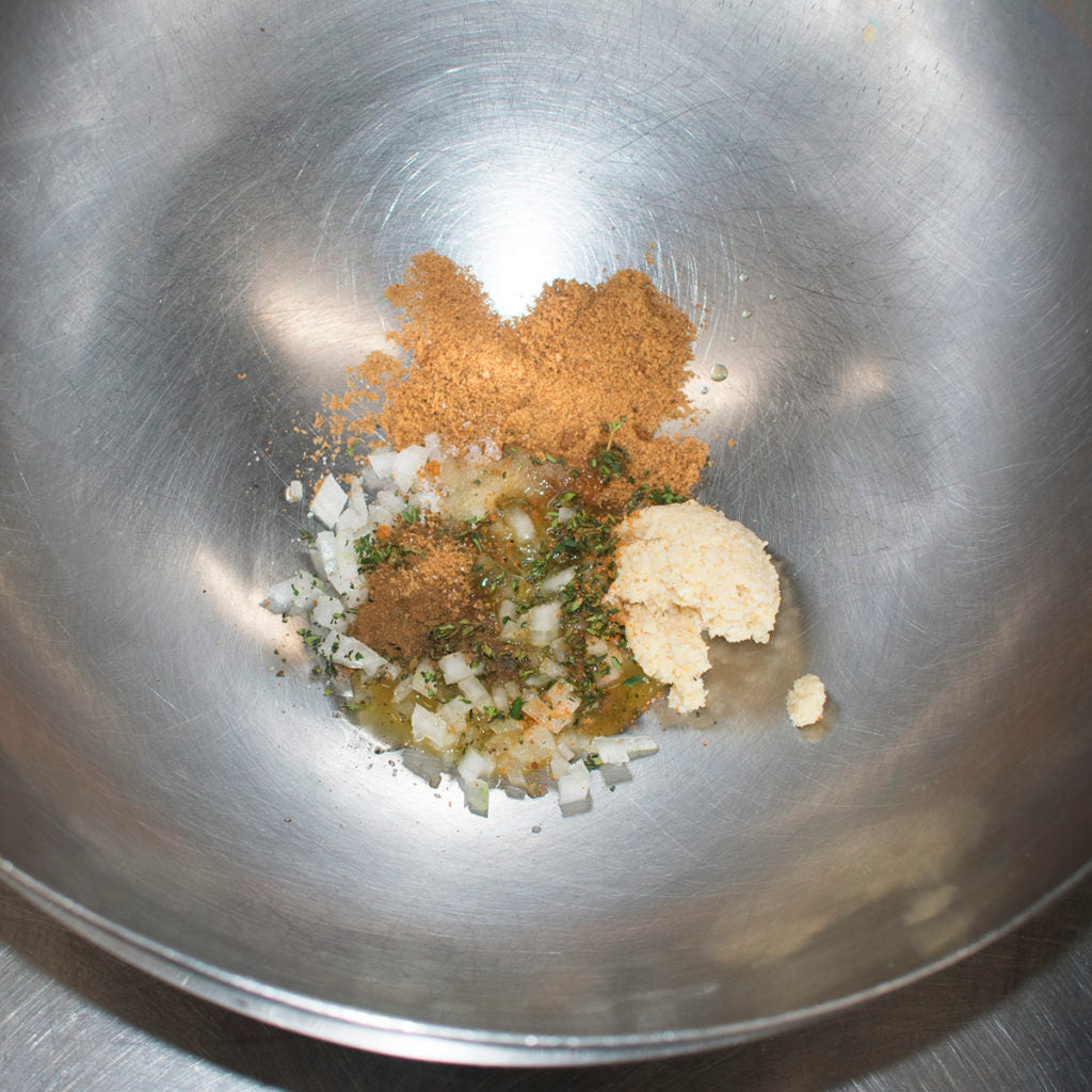 All marinade ingredients should be in the mixing bowl