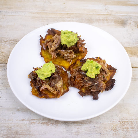 AIP Loaded Tostones with Pulled Pork Carnitas and Avocado Crema