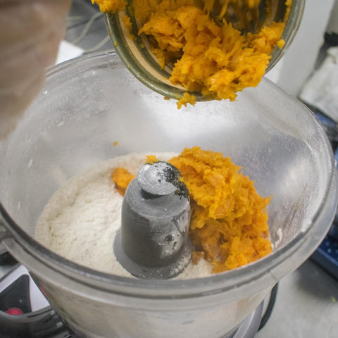 Mix in the cooked mashed sweet potatoes