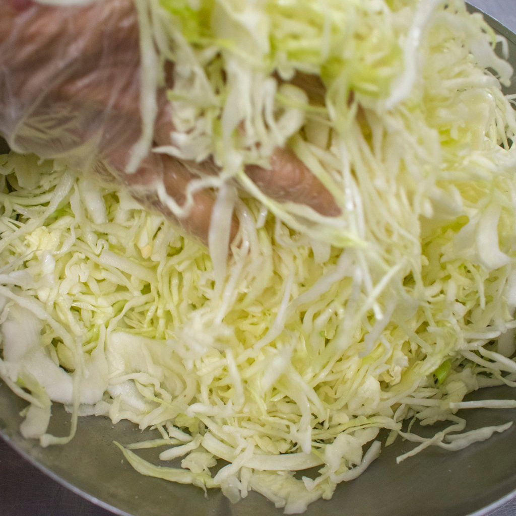 Begin working the salt into the cabbage by massaging and squeezing the cabbage with your hands.