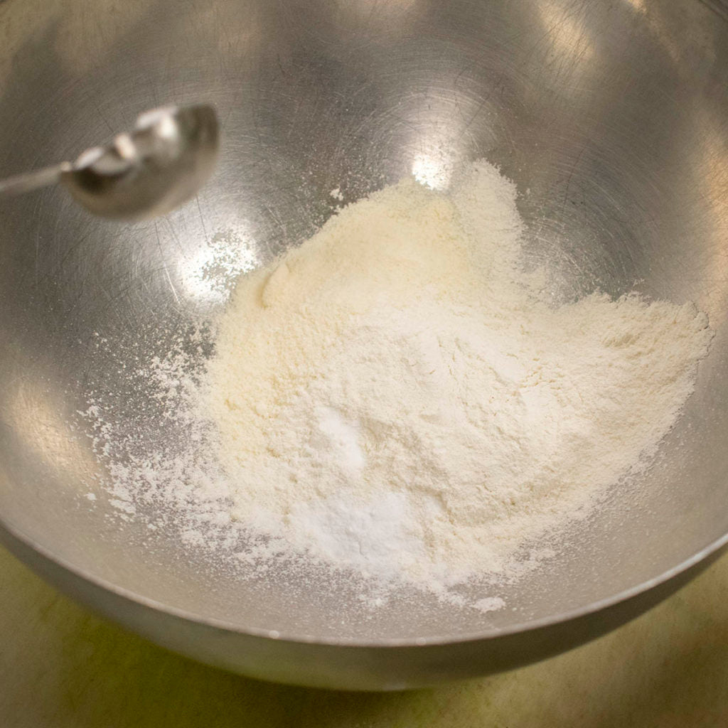 Mix the coconut flour, cassava flour, potato starch, baking soda, and salt together