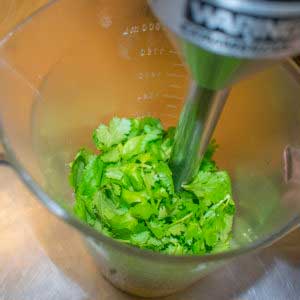 Pour in 1 cup of loosely packed fresh cilantro leaves