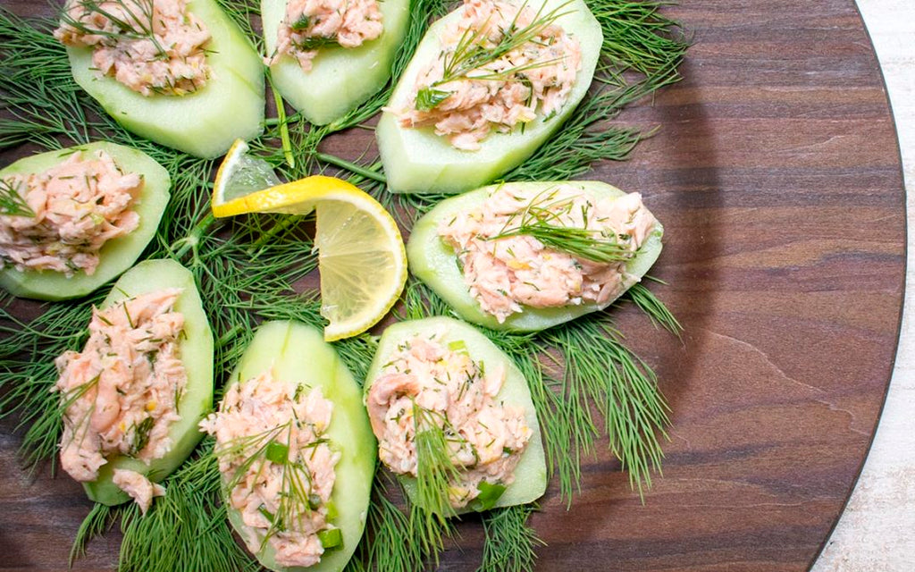 AIP Poached Salmon Lemon Dill Salad over Cucumber Rounds