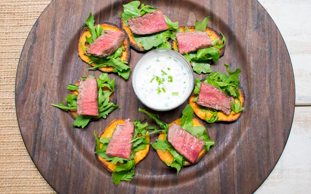 AIP Sliced Beef Tenderloin with Horseradish Cream on Sweet Potato Chip