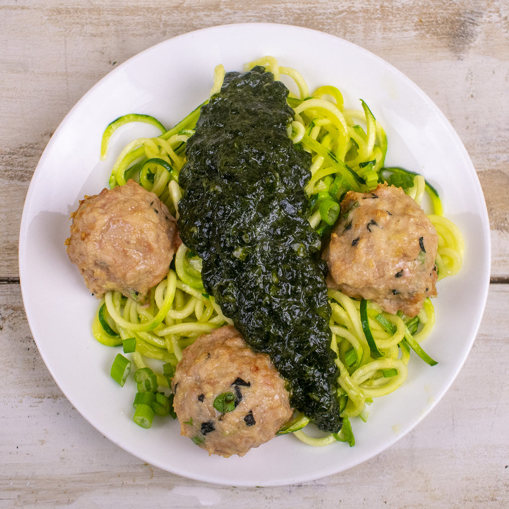 Chicken Nori Ginger Meatballs with Asian Nori Pesto