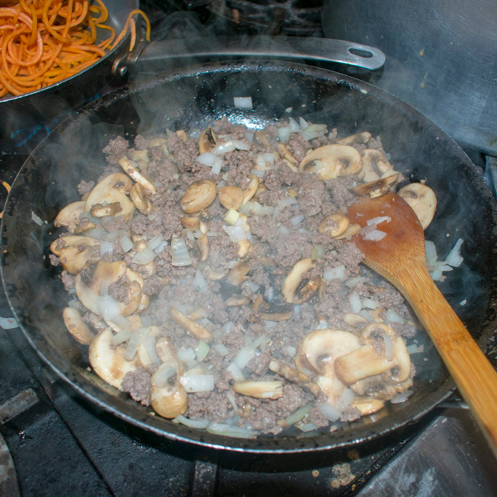 cook until the mushrooms are browned and slightly soft and the meat is cooked through
