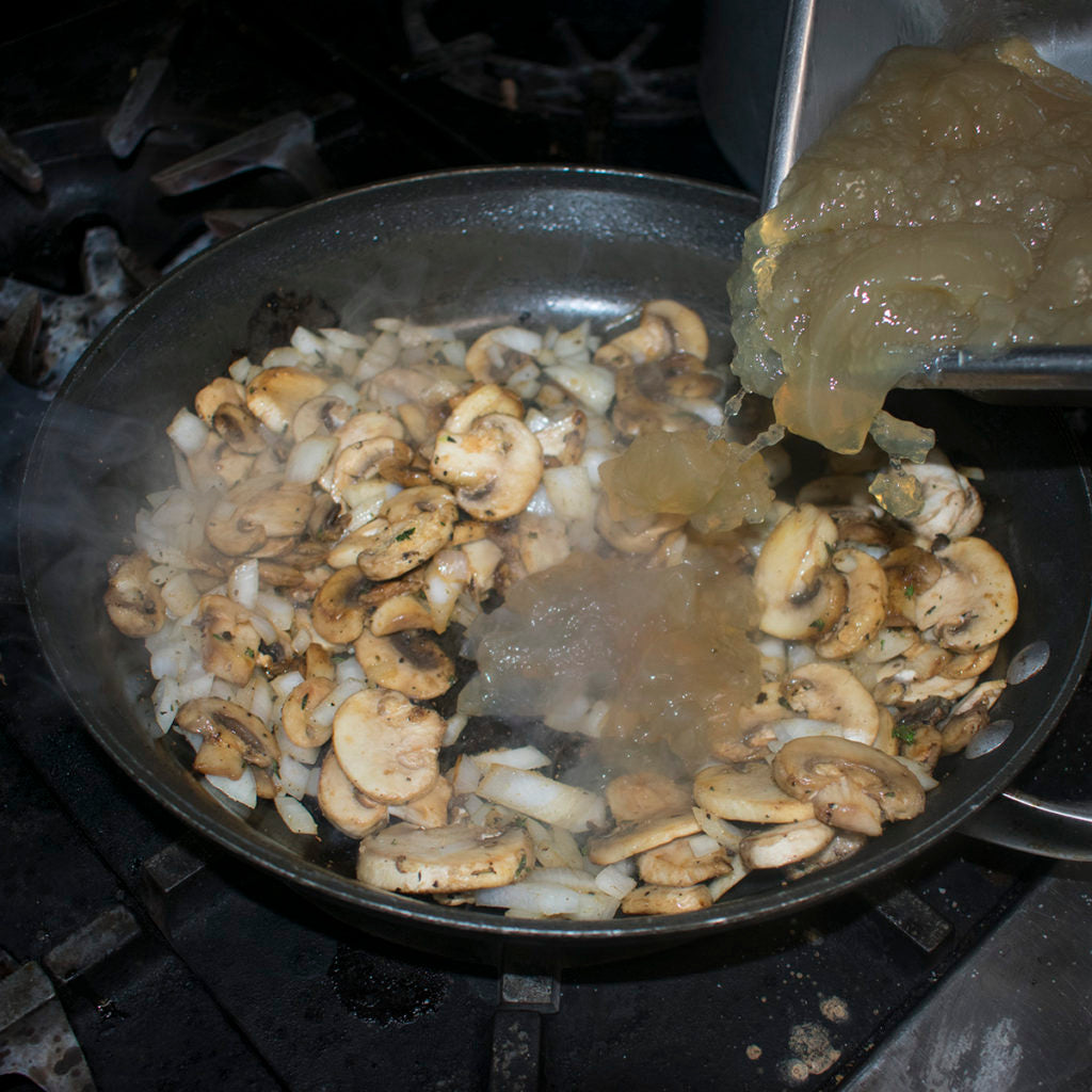 Slowly add the beef bone broth