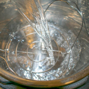 Put the metal rack in the bottom of the pressure cooker and add water
