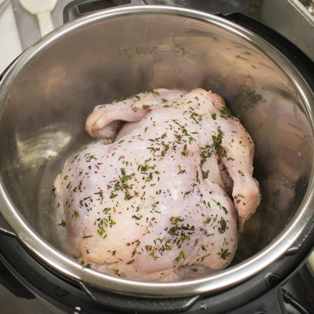 Add chicken, breast side down to Instant Pot