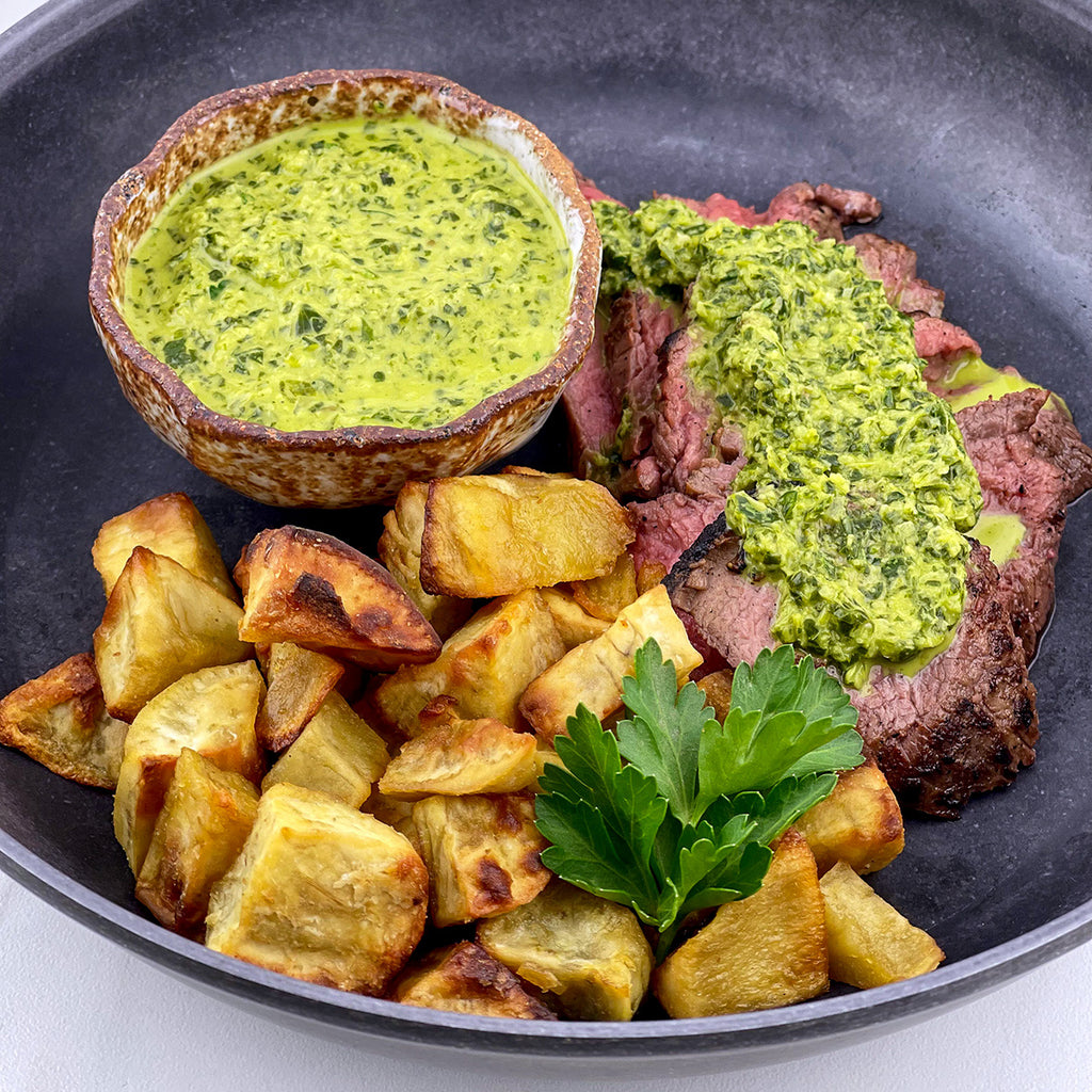 Beef Chimichurri With Garlic Roasted white sweet potatoes Paleo Diet Friendly Chimichurri AIP Diet Chimichurri