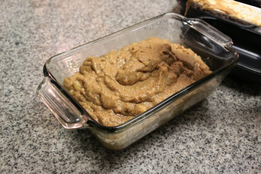 pour mixture into loaf pan and bake 35-40 minutes