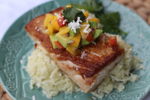 Pan Seared Mahi Mahi over Sticky Coconut “Rice” with Mango Salsa