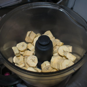 Cut the peels off the plantains and chop them into 1” pieces.