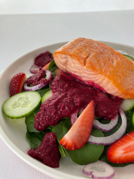 AIP Spring Spinach Salad with Seared Salmon and Roasted Beet Dressing