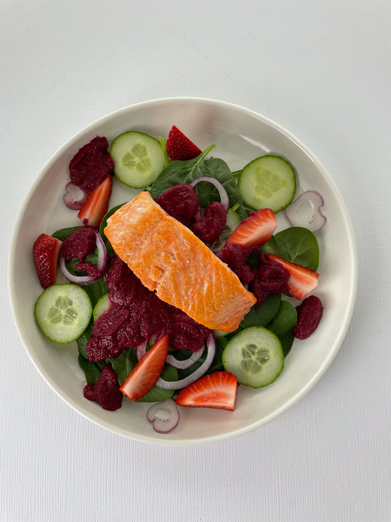 Paleo Spring Spinach Salad with Seared Salmon and Roasted Beet Dressing