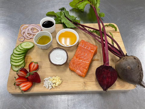 Ingredients Spring Spinach Salad with Seared Salmon and Roasted Beet Dressing