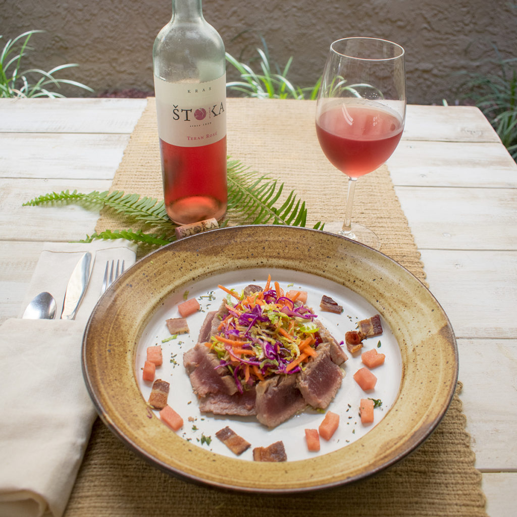Seared Ahi Tuna over Brussels Sprouts Salad Paired with Stoka Teran Rose from Dry Farm Wines