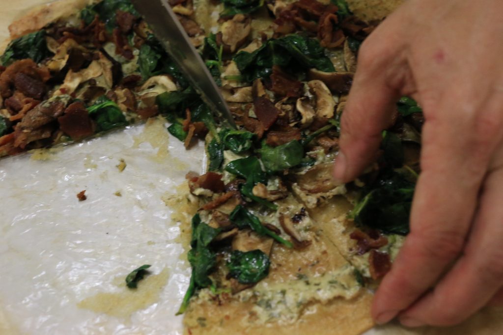 aip spinach and mushroom pizza with pesto sauce