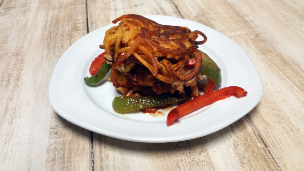 paleo Chicken Burger on Sweet Potato Noodle Bun
