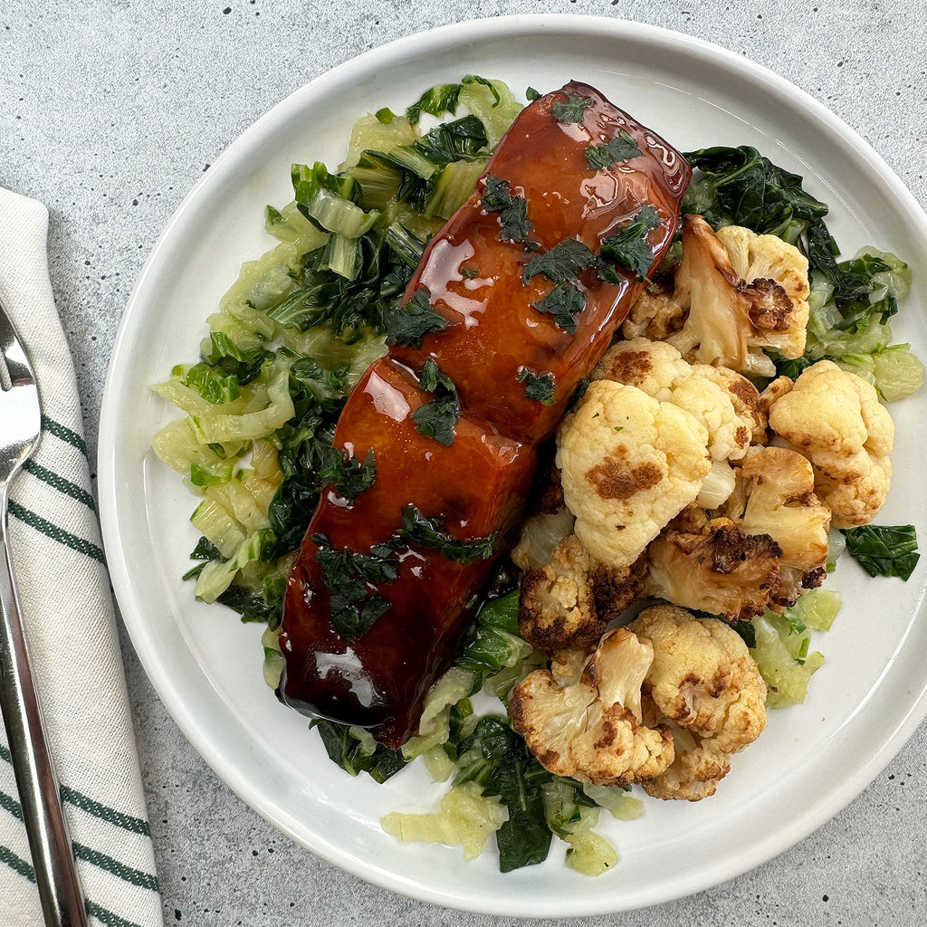 Paleo AIP Teriyaki Salmon with Baby Bok Choy and Cauliflower Paleo On The Go Meal Delivery Service